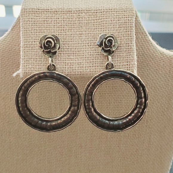 Or Paz PZ Oxidized Sterling Silver Rustic Hammered Drop Circle and Rose Earrings - Picture 10 of 13